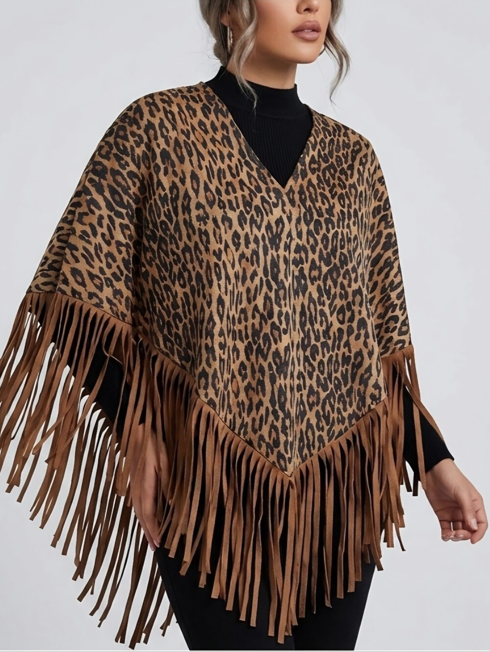 Fashion Express USA Leopard Print Fringe Poncho New With Tags  Fits sizes S,M,L